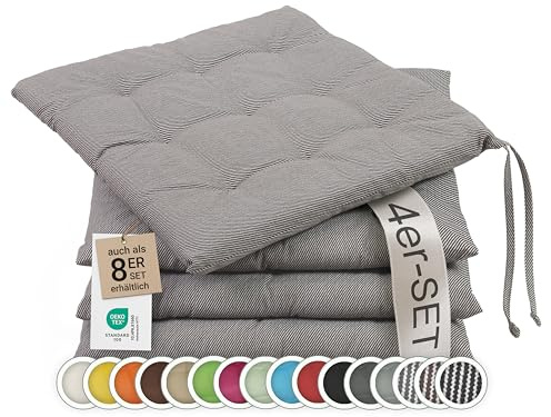 ZOLLNER 4er Set Sitzkissen in 40x40cm - gemütliche Stuhlkissen mit Bindebänder - waschbar bis 30°C - in braun weiß gestreift - Oeko Tex® Zertifiziert