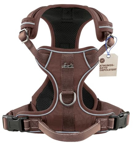 FREUDENTIER Hundegeschirr mit Griff, atmungsaktiv gepolstert - Bombenfester Sitz & maximale Sicherheit - Anti Zug Hundegeschirr kleine, mittelgroße & Grosse Hunde - Hunde Geschirr (Braun,L)
