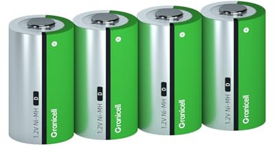Granicell 4 Pack 10000mAh Baterías D Recargables Alta Energía, Baja Autodescarga NiMH D-Cell Batería