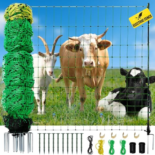 Electric Fence Netting, 164'L x 42.5 H Movable Livestock Nets for Sheep, Hogs, Cattle, PE Net Fencing Kit with 14 Posts Double Spiked, Electric Fencing for Backyards, Homesteaders, Farms Ranches