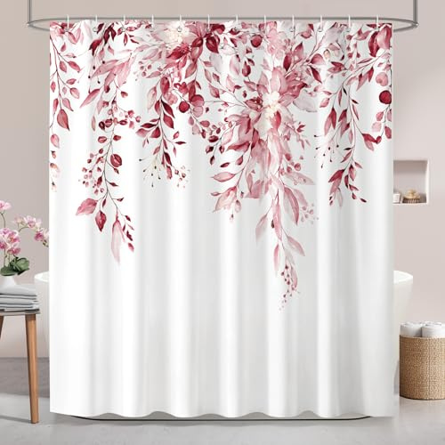 Hopomoon Blush Pink Watercolour Eucalyptus Shower Curtain, Waterproof Polyester Bath Curtain, Botanical Leaf Print Decorative Shower Curtain with 12 Hooks 180x180 cm