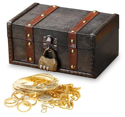HSMHLYYB Trä skattkista, låda i trä med lås, liten piratskattkista, vintage, skattkista, barn med lås för förvaring, barnfödelsedag, dekoration, presenter (16,7 x 11 x 8 cm)
