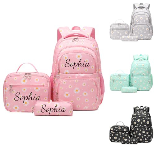 Personnalisé Prenom Sac a Dos Scolaire avec sac à lunch, Trousse à Crayons 3 Pièces Sets de Sacs Scolaires pour Adolescents Fille & Garcon, Cartable Léger Imperméable Cole Primaire, Collège (Rose)