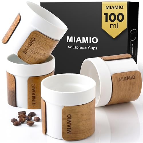 MIAMIO – Set de Tazas de Espresso de 4 (100 ml) Tazas de Té Japonés Cerámica/Tazas sin Asa con Puño de Madera Extraíble/Tazas de Café sin Asa (Blanco)