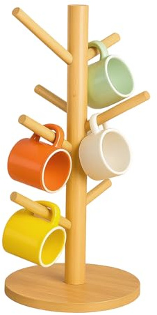 IAndhy Mug Tree 6 Mugs, Wooden Mug Stand with 4 Non-Slip Pads, Space Saving Cup Holder for Kitchen and Office, Bamboo Cup Tree for Coffee Tea Mugs Cups (14x34cm)