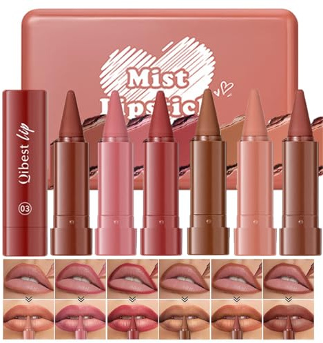 Baorder Lot de 6 rouges à lèvres 2 en 1 dégradé - Crayon à lèvres naturel mat nude marron rouge à lèvres - Haute pigmentation et longue durée