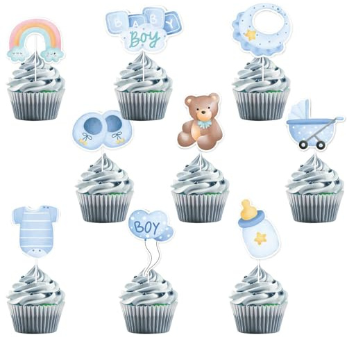 18 Piezas Topper para Tarta Baby Shower | Decoraciones para Tarta Baby Shower | Topper Cupcake Niño Oso Arcoíris para Fiesta de Cumpleaños Azul