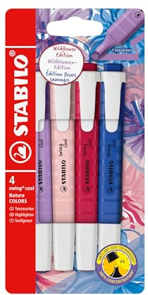 STABILO swing cool NatureCOLORS Wildflower - Highlighter - Pack of 4 - Blush, Burgundy, Grey Violet and Ultramarine