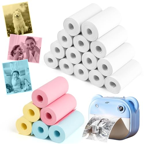 20 rullar set med termoskrivarpapper, barnkamera, 14 rullar vita och 6 rullar (blå/rosa/gul), 57 x 25 mm termoskrivarpapper för foton, anteckningar, etiketter