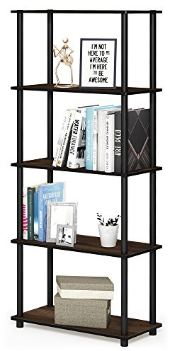 Furinno TURN-N-TUBE Storage Shelves, 5-Tier Book Shelf, Corner Shelf, Toolless Open Shelves, for Organization and Storage, Living Room, Garage, Home Office, Columbia Walnut