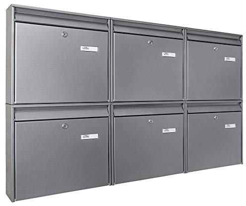 banjado Burg-Wächter Briefkastenanlage - Briefkasten 6 Parteien - Briefkästen Silber - Postkasten Mehrfamilienhaus - Briefkasten XXL mit Namensschild
