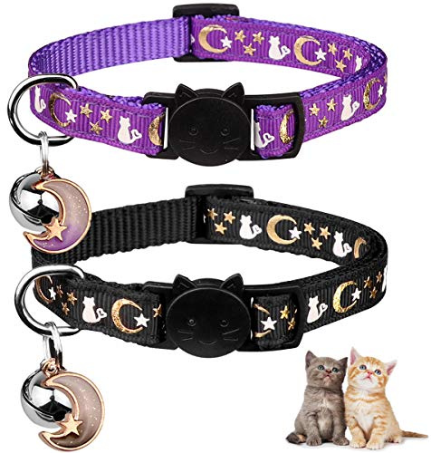 2PCS Breakaway Cat Collars with Bell Moons Stars Cute Kitty Adjustable Safe Kitten Collars with Pendant Glow in The Dark(Black&Purple)