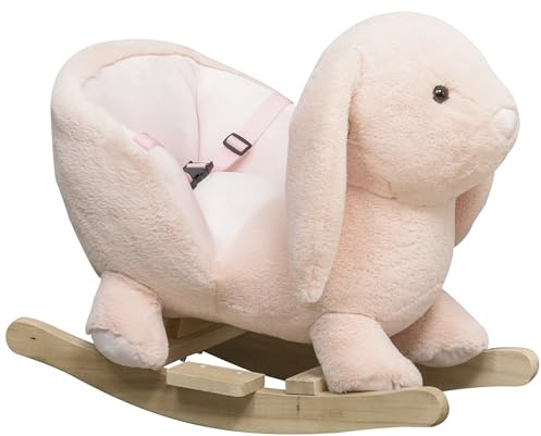 HOMCOM Baby Rocking Horse, Plush Baby Rocker Rabbit Ride-On Toy with Sound, Wood Base, Seatbelt, for Ages 18-36 Months, Pink