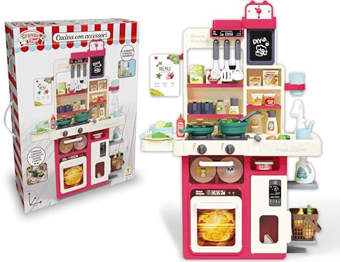 Teorema Giocattoli, Cucina Giocattolo per Bambini 80cm, Cucina Interattiva con Vapore Freddo, Rubinetto Funzionante con Acqua Vera, Luci, Suoni e 63 Accessori Inclusi