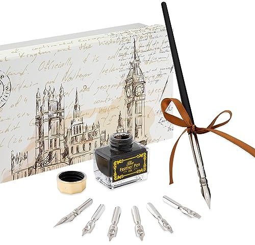 VAN NASSAU FINE ART Kit Calligraphie 7 Plumes et Encre Noire dans Coffret Elégant - Fountain Dip Pen Stylos de Calligraphie - Artistes Débutants Cadeau - Caligraphique