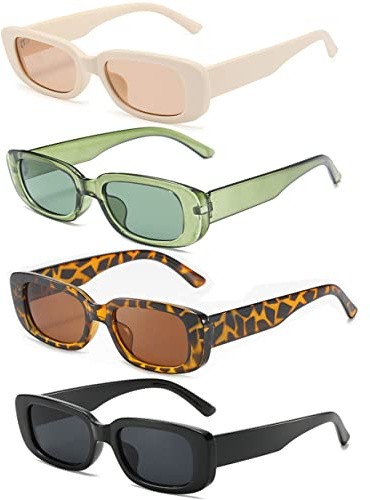 Unning 4 Pack Retro Rectangle Sunglasses Women Vintage 90s Trendy Sunglasses Set Square Glasses for Women Men