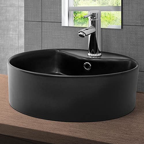 ML-Design Waschbecken Keramik Schwarz matt Ø 460 x 155 mm, Runde Aufsatzwaschbecken, Moderne Waschtisch, Waschschale mit Überlauf und Abflussloch, Waschplatz Handwaschbecken, für Badezimmer/Gäste-WC