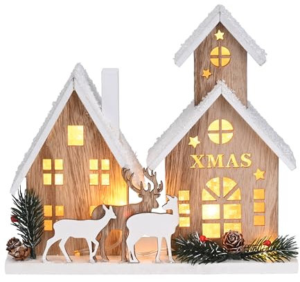 Valery Madelyn Wooden Christmas Village Winter Scene, Christmas Home Decoration Xmas Gift Light Up Ornaments Indoor House Table Town Building Collection 23.5cmx20.5cm
