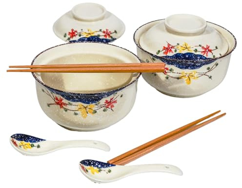 Ceraozmus Ceramic Ramen Bowl Set, 800ml with Lid, Spoon and Chopsticks, Japanese Vintage Large Soup Bowls Instant Noodle Bowl Asian Tableware (Farbe*2)