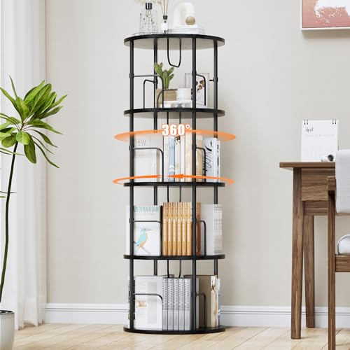 Libreria Girevole a 360° in Legno - 4 Ripiani Regolabili, Scaffale Verticale Portaoggetti per Uffici e Soggiorni, 45×45×129 cm, Nero