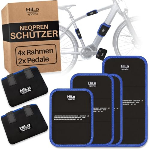 HiLo sports Fahrrad Rahmen- und Transportschutz Set - [4x Rahmenschützer & 2x Pedalschützer] - Für alle Rahmenumfänge von 5-28cm - E-Bike und Fahrrad Schutz mit Reflektoren (Schwarz - Blau)