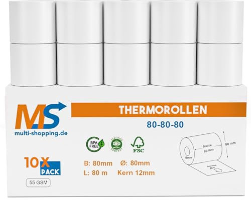 Kassenrollen/Thermorollen/Bonrollen 80mm x 80m x 12mm Bpa frei 55g/ für alle gängigen Thermo Kassen-Bondrucker B: 80mm x L: 80m Ø80mm (10)