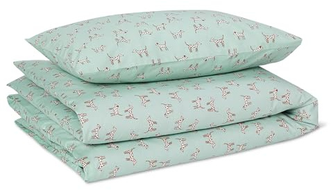 Amazon Basics Set Ropa de Cama Infantil 100% Algodón Orgánico, Funda Nórdica Reversible 100 x 135 cm & Funda de Almohada 40 x 60 cm para Cama Infantil, Perros Moteados Verde Menta