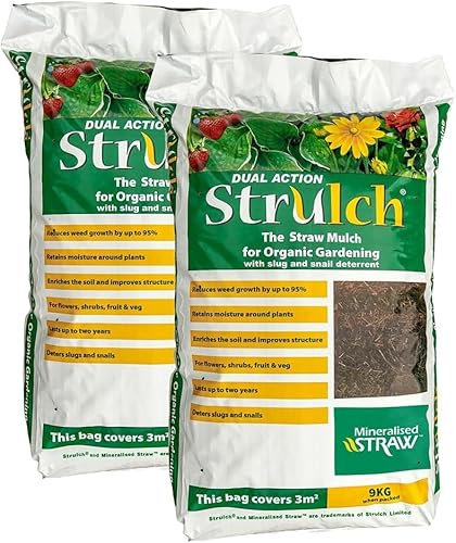 2 x 100 Litre Dual Action Strulch Organic Straw Mulch - Comes in 9kg Bags - Perfect Natural Slug and Snail Deterrent, Soil Enricher and Helps Reducing Weed Growth by 95%