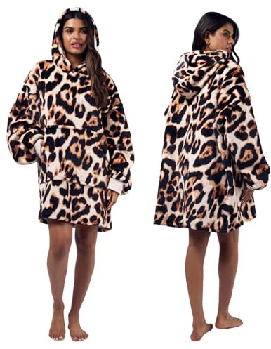 OHS Hoodie Blanket, Ultra Soft Sherpa Fleece Warm Cosy Oversized Wearable Blanket with Large Pocket Leopard Print Hooded Blankets for Women Adults Teens Birthday Gift, Natural - One Size