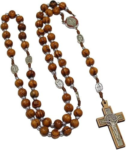XFSRG Collana Rosario in Legno di Ulivo con Croce di San Benedetto Collana Donna Elegante in Stile Classico per Occasioni Speciali Idee Regalo Donna