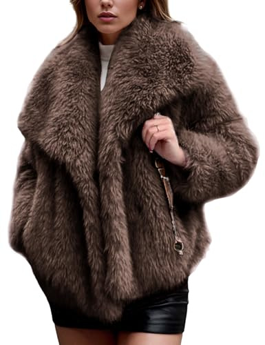 Gihuo Women's Faux Fur Winter Coat Plush Long Sleeve Fluffy Jacket Lapel Furry Shaggy Winter Jackets (X-Large, Coffee)