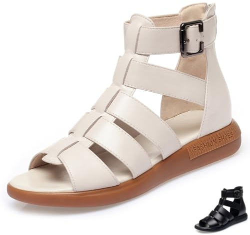 NSNEOND Women's Leather Hollow Back Zipper High-Top Gladiator Sandals Summer Breathable Adjustable Ankle Strap Round Open Toe Flat Casual Roman Sandals for Date Outdoor Party (Apricot,7)