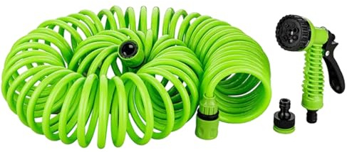 YIJIA | Manguera en espiral de jardín, Manguera de agua extensible, Manguera de riego espiral,7 modalidades de riego,Inclye pistola, Verde,para riego de jardín, mascotas, lavado de coches (15 Metros)