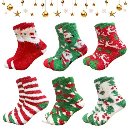 Jocanova 6 Coppie Calze di Natale per le Donne, calcetines mullidos y suaves para la cama de invierno, divertidos calcetines navideños 38-42, Calcetines para Calendario de Adviento