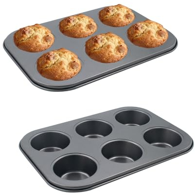 MiDube Lot de 2 Moules à Yorkshire Pudding Géant - Plaque à Muffins Jumbo 6 Cavités Profondes en Acier Carbone Anti-Adhésif, pour Muffins, Cupcakes et Pains - Gris Foncé