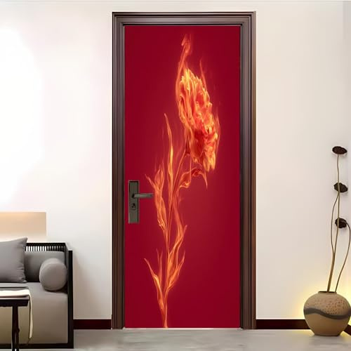 Självhäftande 3D-Dörrklistermärken 90x210cm Fantasy Flamblommor Självhäftande Dörr Pvc Vattentät Avtagbar Röd Dörraffisch Vardagsrum Kök Barnrum Konst Vägglampa
