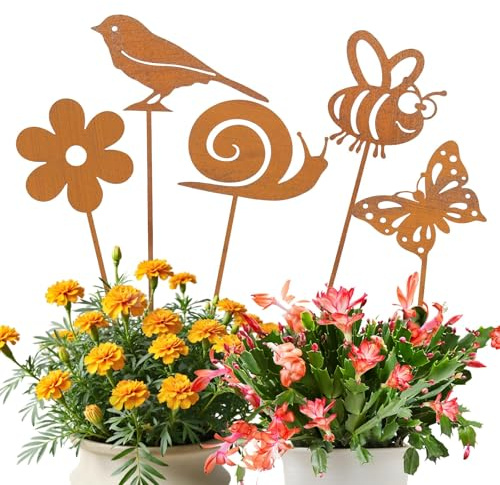 YGKYMVW Decorazione da giardino in ruggine, 5 pezzi, decorazione da giardino in metallo, decorazione arrugginita, decorazione per la primavera, gli alberi