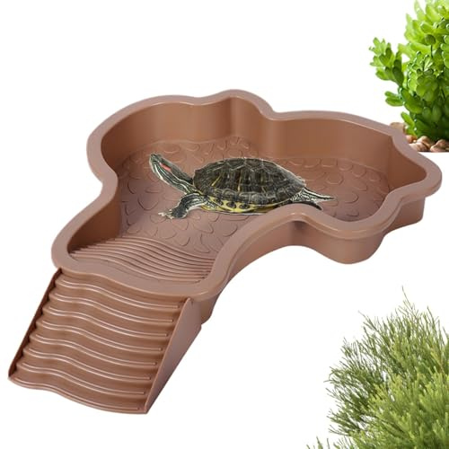 Abreuvoir Tortue Terrestre, Piscine Tortue Terrestre, Abreuvoir Tortue avec Rampe, Bol d'eau pour Reptiles avec Échelle, pour Tortues, Lézards et Gecko (Brun Jaune)