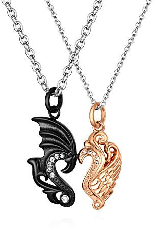 Cupimatch 2Pcs Set Paare Halskette Engel Kette Pärchen Engelsflügel Herz Puzzel Edelstahl 45cm 55cm Hochzeitstag Geschenk, Schwarz Gold