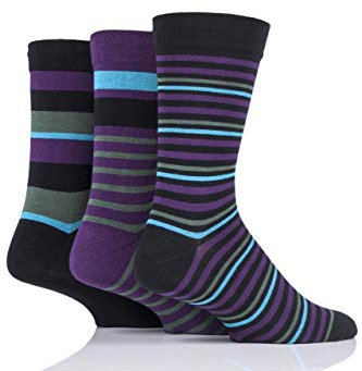 SockShop Men's Comfort Cuff Socks - Striped and Plain Soft Breathable & Cooling Bamboo Material Multipack of 3 Pairs Black 12-14