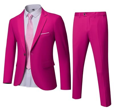 YND Men's Slim Fit 3 Piece Suit, One Button Jacket Vest Pants Set with Tie, Solid Party Wedding Dress Blazer, Tux Waistcoat and Trousers Fuchsia