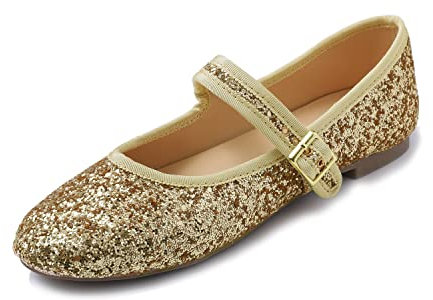 Feversole Women's Soft Breathable Mary Jane Memory Foam Cushioned Comfort Round Toe Metal Buckle Flats Walking Shoes Gold Glitter Size UK 6