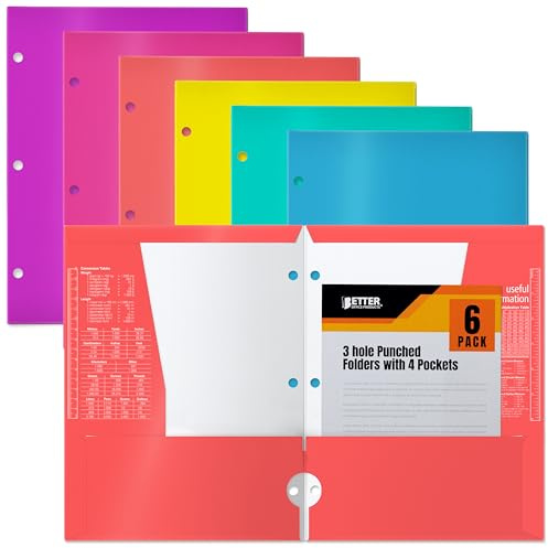Better Office Products 4 Pocket Glossy Laminated Paper Folders (6 Pack), 3 Hole Punch Portfolios, Assorted Colors,(Brights)