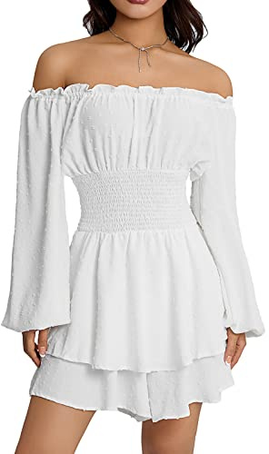 Loalirando Robe Femme à Volant avec Shorts Intégrés Mini Robe à Manches Longues Lanternes Epaules Dénudées Chic Elégante (Blanche, XL)