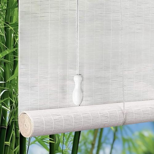 Tenda a Rullo in bambù Bianco Tapparella Avvolgibile Bambù per Interni Cortina di Bambù Naturale,Tenda a Rullo In Bambù Protezione Sole e dalla Privacy per Finestre