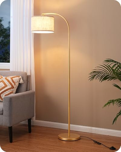 EDISHINE Stehlampe Wohnzimmer, 161cm Bogenlampe mit Verstellem Beigen Leinen-Lampenschirm & Fußschalter, mit E27 LED-Glühbirne, Leselampe Schlafzimmer, Stehleuchte Modern für Kinderzimmer, Gold