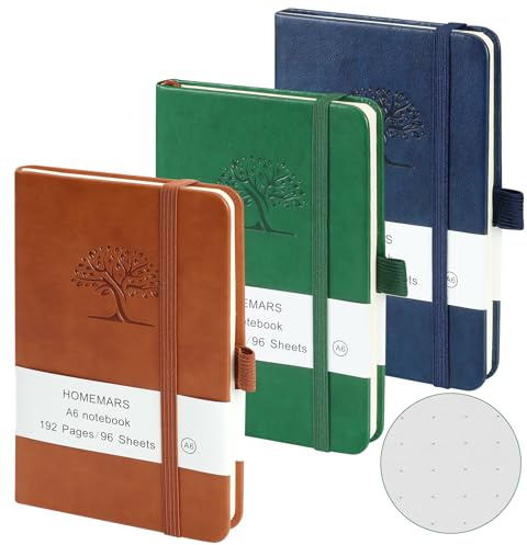 HOMEMARS Pocket Notebook, 3 Pack, Bullet Dotted Journal, Pocket Notepad,14.4 cm x 9.6cm, A6 Notebook, Small Notepad, Brown, Green, Blue, 80GSM,192 Pages Each, Hardcover, Embossing Tree Design, Dotted