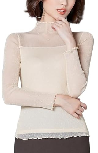 LCDIUDIU Camiseta De Manga Larga con Malla Transparente para Mujer, Blusa Transparente De Color Beige con Cuello Alto Y Volantes, Top Tipo Túnica Sexy para Fiesta, Club Y Primavera Y Verano, Color
