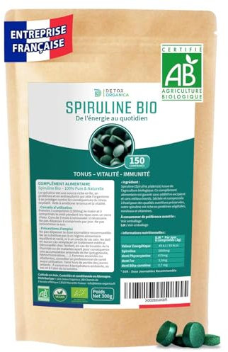 DETOX ORGANICA Spiruline Bio - 500mg par jour - Sachet 150 Comprimés Spiruline Bio - Complément Alimentaire Riche en Protéines, Antioxydants, Fer et Phycocyanine - Agriculture Biologique Controlée