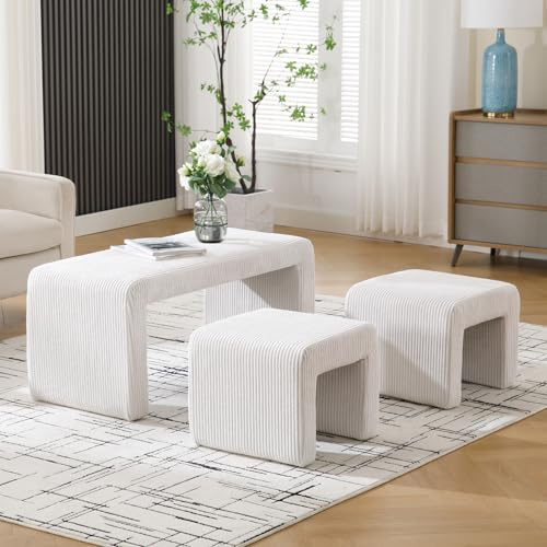Ya-Home Lot de 3 Pouf Ottoman Banquette Rembourrée en Velours Côtelé Banc Chaussures Entrée 2 Repose-Pieds Moderne Banc de Lit, Blanc